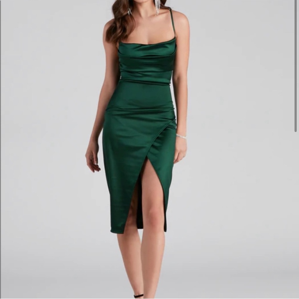 Green Satin Women's Midi Dress